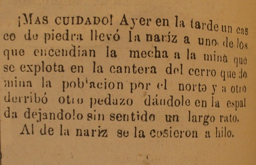 Aviso del diario El Cautin ,de Temuco,del 18 de noviembre de 1888.Da cuenta de un accidente en el "Cerro Norte"(Cerro Ñielol), en la explotación de un yacimiento carbonifero que se ubica en ese sector